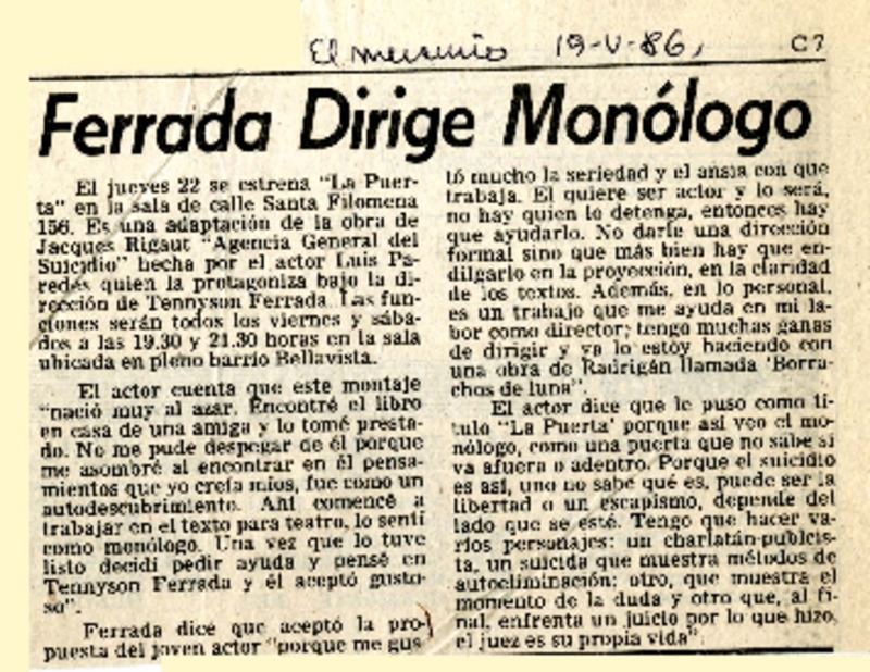 Ferrada dirige monólogo  [artículo].