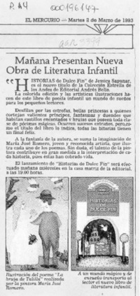 Mañana presentan nueva obra de literatura infantil  [artículo].