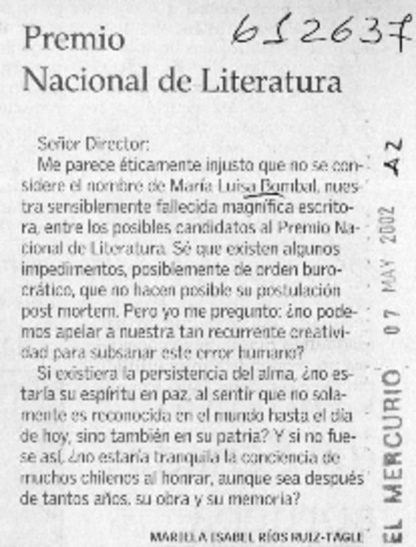 Premio Nacional de Literatura  [artículo] Mariela Isabel Ríos Ruiz-Tagle