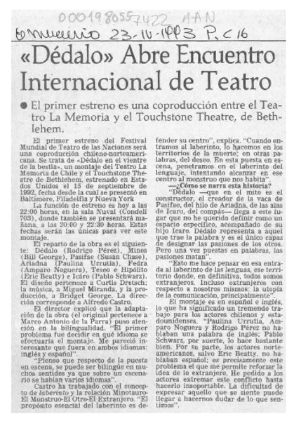 "Dédalo" abre encuentro internacional de teatro  [artículo].