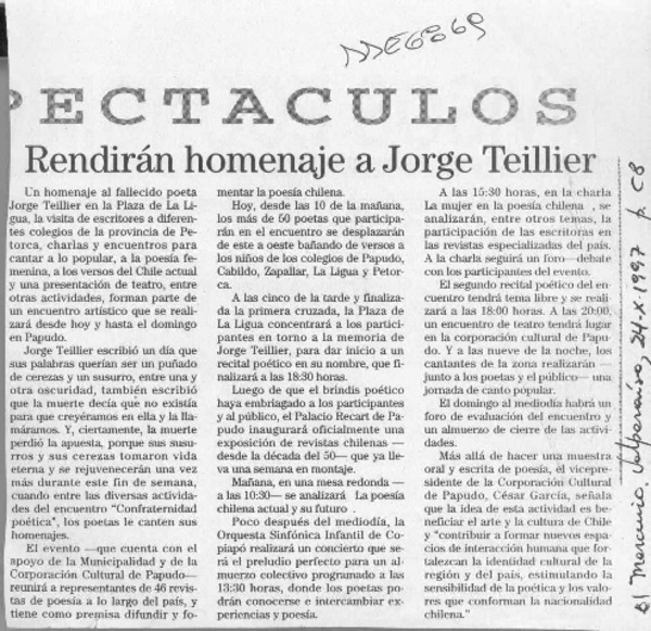 Rendirán homenaje a Jorge Teillier  [artículo].