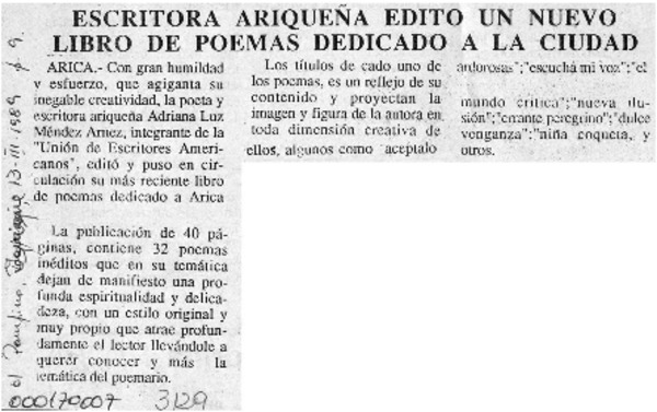 Escritora ariqueña editó un nuevo libro de poemas dedicado a la ciudad  [artículo].