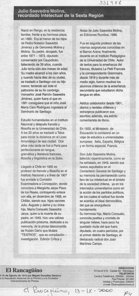 Julio Saavedra Molina, recordado intelectual de la sexta región