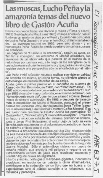 Las Moscas, Lucho Peña y la Amazonía temas del nuevo libro de Gastón Acuña  [artículo].
