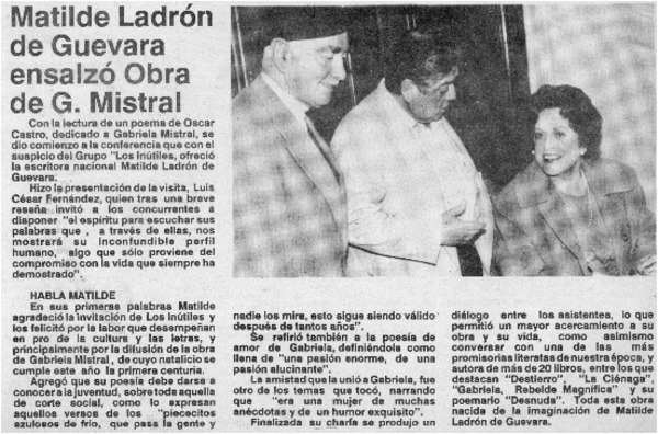 Matilde Ladrón de Guevara ensalzó obra de G. Mistral