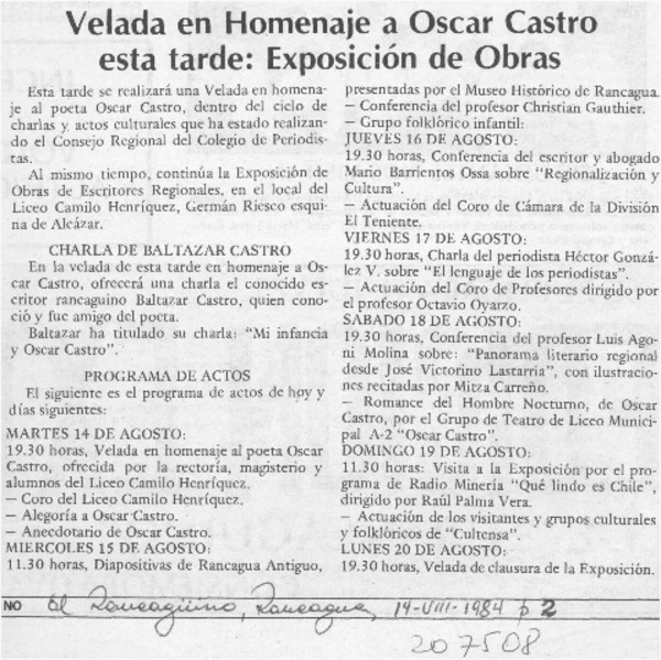 Velada en homenaje a Oscar Castro esta tarde; exposición de obras