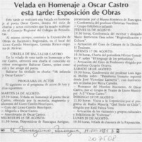Velada en homenaje a Oscar Castro esta tarde; exposición de obras