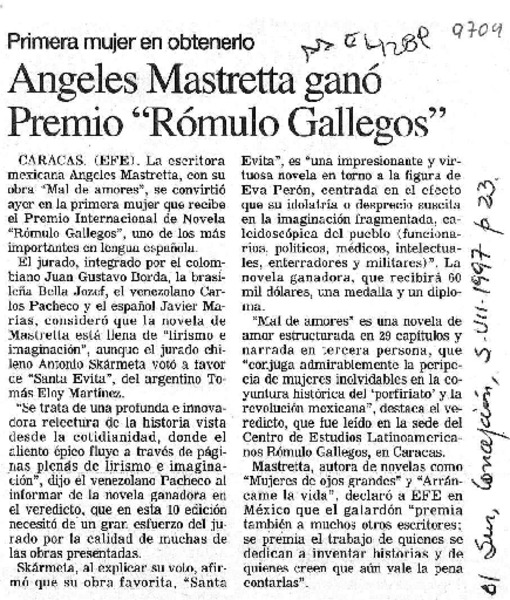 Angeles Mastretta ganó Premio "Rómulo Gallegos"  [artículo].