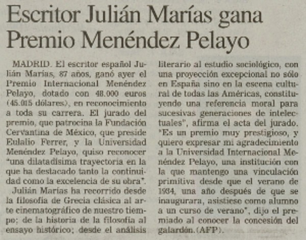 Escritor Julián Marías gana Premio Menéndez Pelayo
