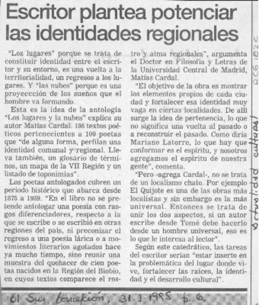 Escritor plantea potenciar las identidades regionales  [artículo].