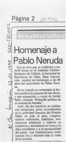 Homenaje a Pablo Neruda  [artículo].