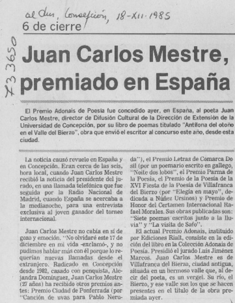 Juan Carlos Mestre, premiado en España.