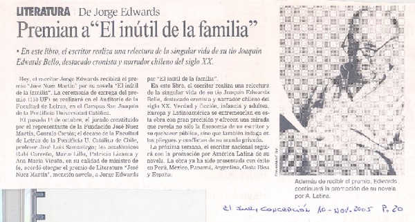 Literatura : De Jorge Edwards premian a "El Inútil de la familia"