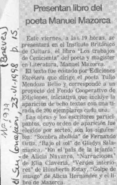 Presentan libro del poeta Manuel Mazorca  [artículo].