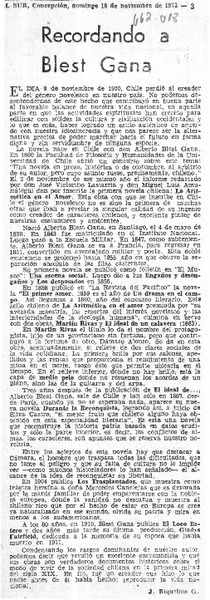 Recordando a Blest Gana  [artículo] J. Riquelme G.
