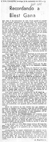 Recordando a Blest Gana  [artículo] J. Riquelme G.
