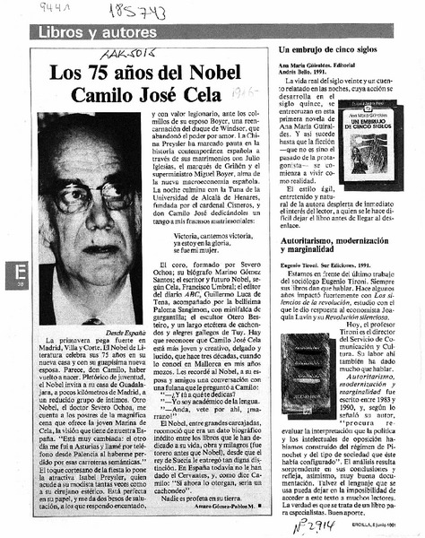 Los 75 años del Nobel Camilo José Cela  [artículo] Amaro Gómez-Pablos M.