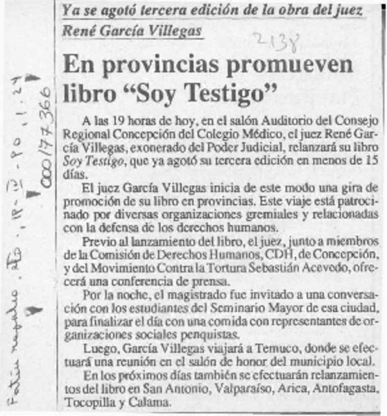 En provincias promueven libro "Soy testigo"  [artículo].