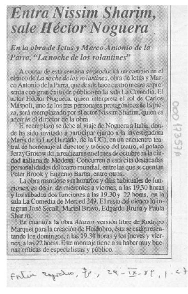 Entra Nissim Sharim, sale Héctor Noguera  [artículo].