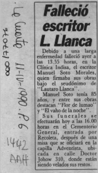 Falleció escritor L. Llanca  [artículo].
