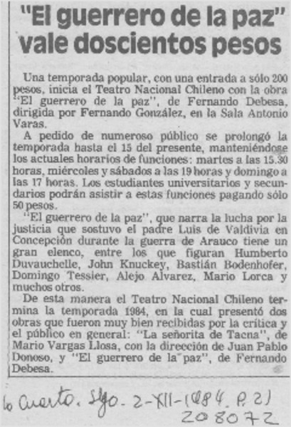 "El Guerrero de la paz" vale doscientos pesos