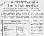 Editorial francesa edita libro de socióloga chilena  [artículo].