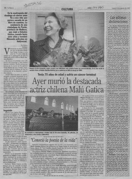 Ayer murió la destacada actriz chilena Malú Gatica  [artículo].