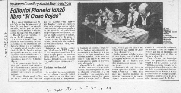 Editorial planeta lanzó libro "El caso Rojas"  [artículo].