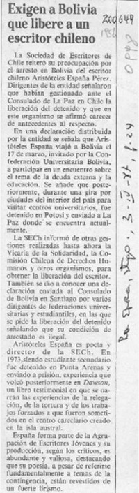 Exigen a Bolivia que libere a un escritor chileno  [artículo].