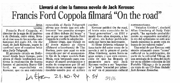 Francis Ford Coppola filmará "On the road".