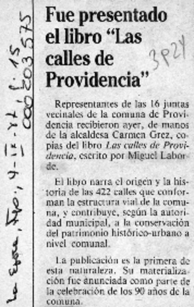 Fue presentado el libro "Las calles de Providencia"  [artículo].
