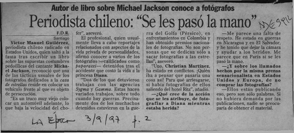 Periodista chileno, "Se les pasó la mano"  [artículo] F. D. R.