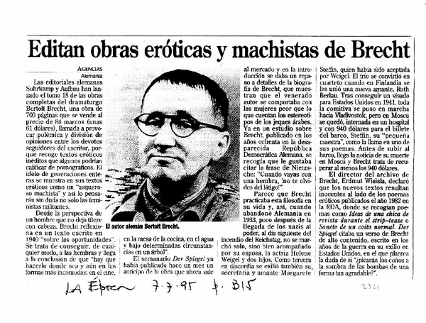 Editan obras eróticas y machistas de Brecht.