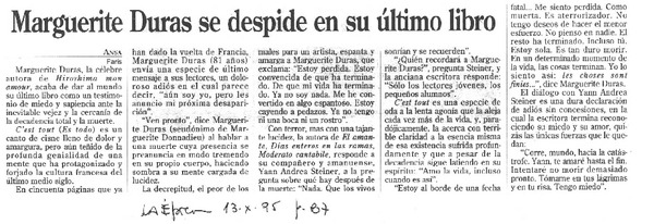 Marguerite Duras se despide en su último libro.