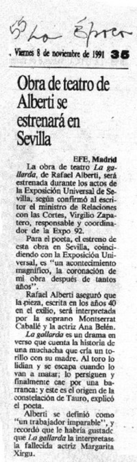 Obra de teatro de Alberti se estrenará en Sevilla.