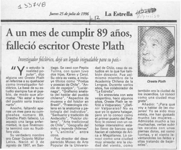 A un mes de cumplir 89 años, falleció escritor Oreste Plath  [artículo].