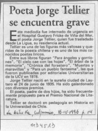 Poeta Jorge Teillier se encuentra grave  [artículo].
