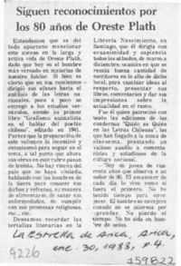Siguen reconocimientos por los 80 años de Oreste Plath  [artículo].