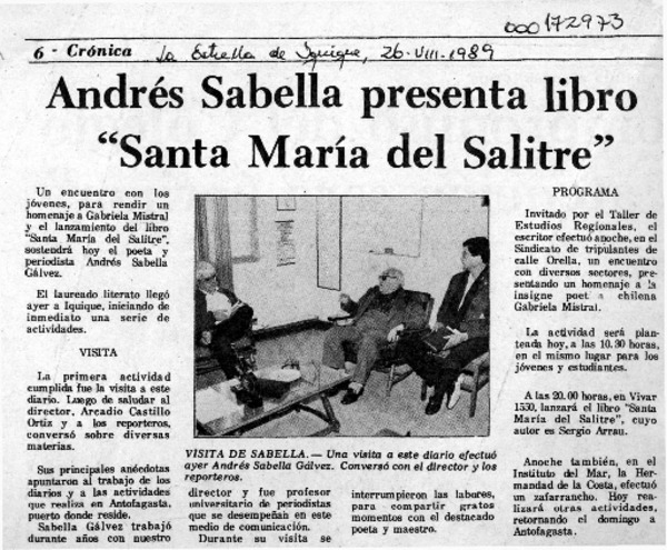Andrés Sabella presenta libro "Santa María del Salitre"  [artículo].