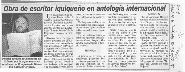 Obra de escritor iquiqueño en antología internacional  [artículo].