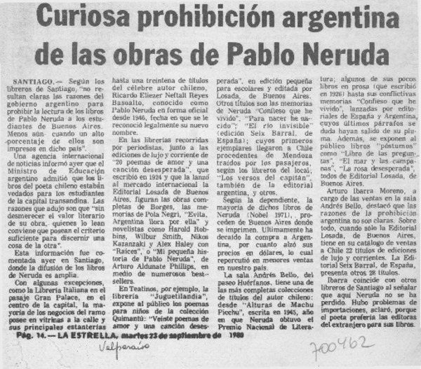 Curiosa prohibición argentina de las obras de Pablo Neruda.