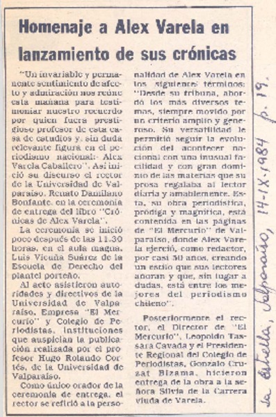Homenaje a Alex Varela en lanzamiento de sus crónicas.