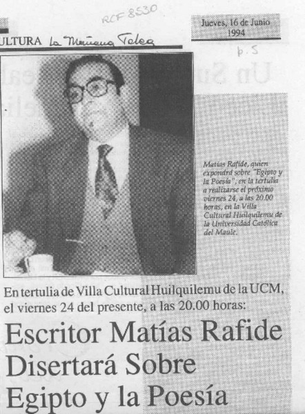 Escritor Matías Rafide disertará sobre Egipto y la poesía  [artículo].