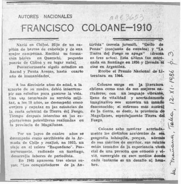 Francisco Coloane  [artículo].