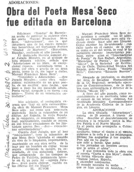 Obra del poeta Mesa Seco fue editada en Barcelona.