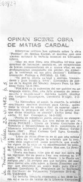 Opinan sobre obra de Matías Cardal.