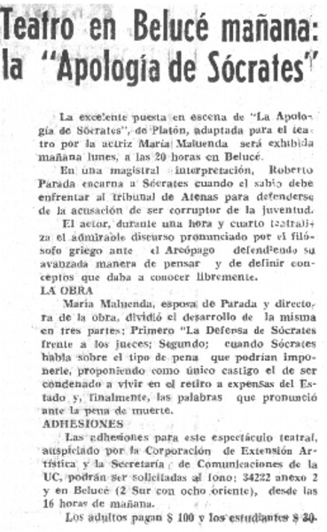 Teatro en Belucé mañana la "Apología de Sócrates".