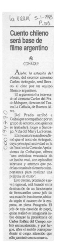 Cuento chileno será base de filme argentino  [artículo].