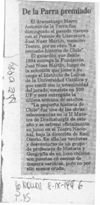 De la Parra premiado  [artículo].