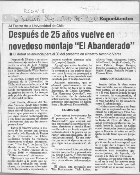 Después de 25 años vuelve en novedoso montaje "El abanderado"  [artículo].